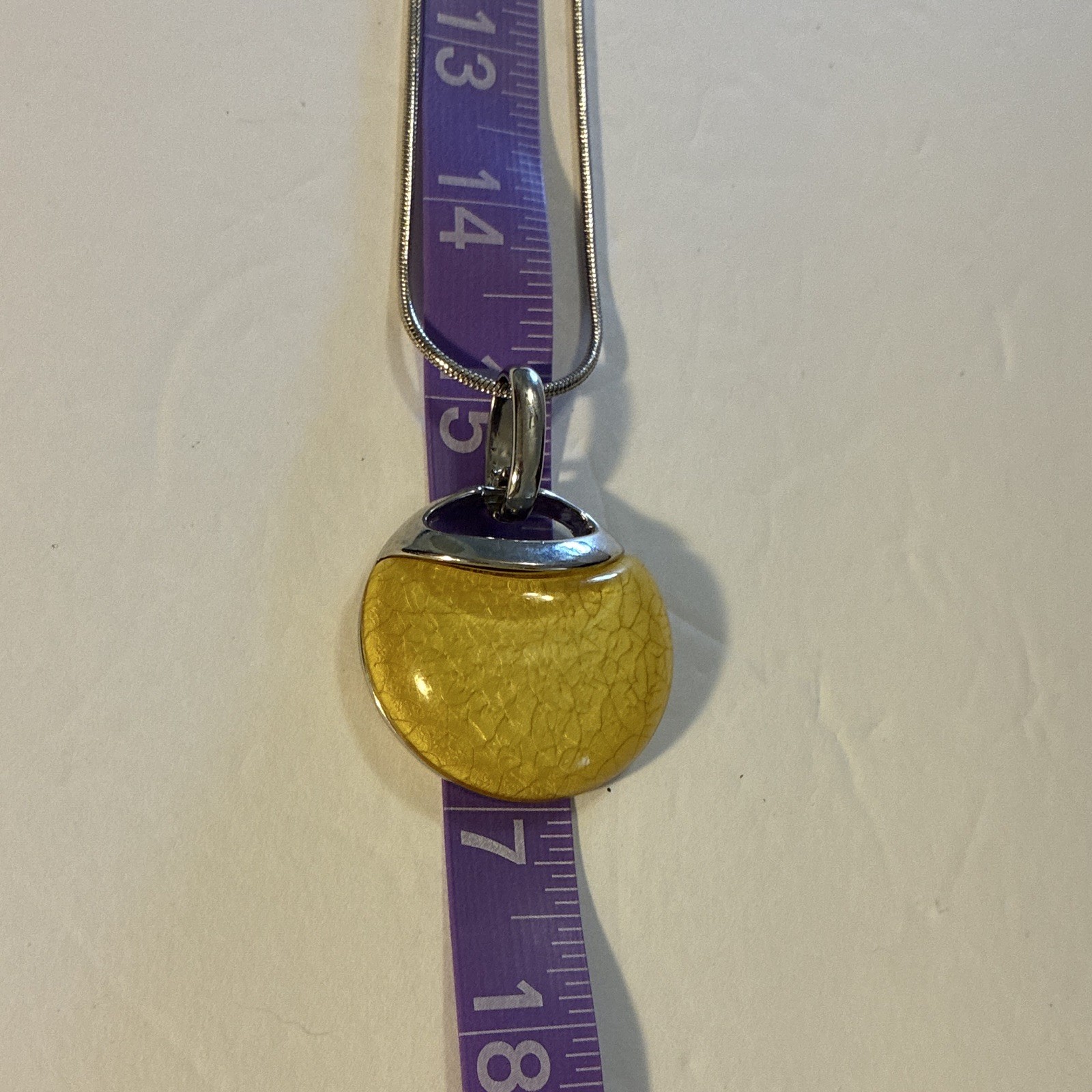 Modernist Yellow Crackle Resin Pendant Necklace Long 30″ Silver Tone Snake Chain