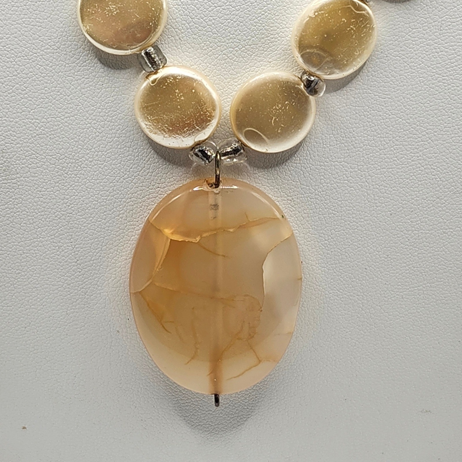 Vintage Cream Coin Bead Necklace with Large Agate Pendant Toggle Clasp Boho