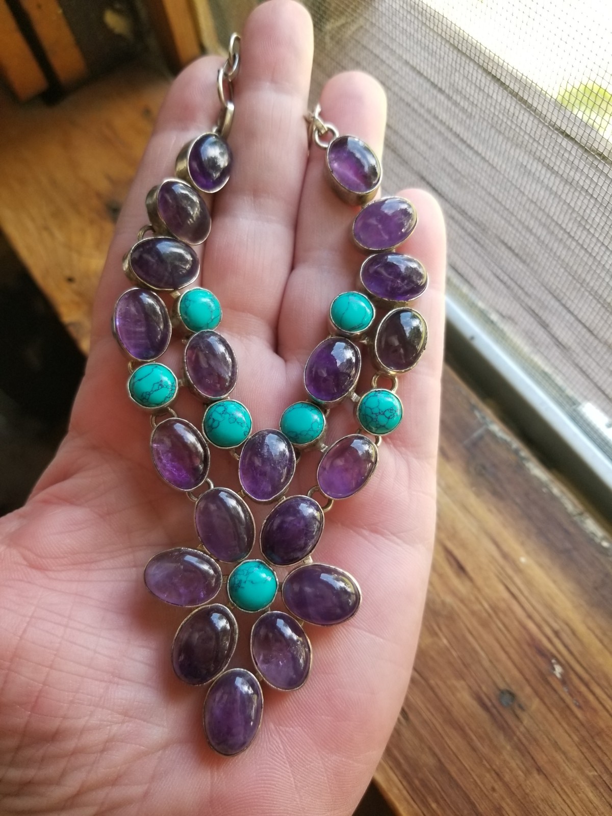 Multi Gemstone Flower Bib Statement Necklace Silver Amethyst Turquoise Handmade