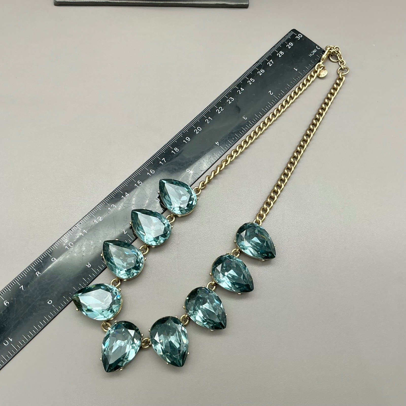 J.Crew Necklace Blue Crystal Statement Bib Gold Tone Teardrop Adjustable 16-18″
