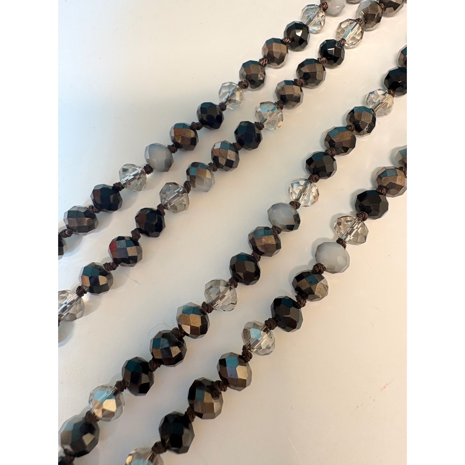 Black Grey Clear Faceted Glass Bead Hand Knotted Opera Length Necklace 60 Inch