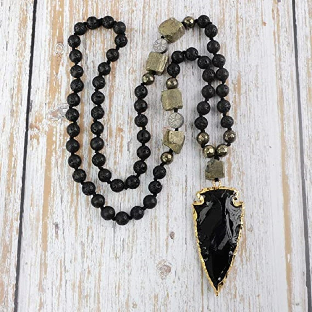 Natural Lava Rock Volcano Stone Beads Necklace Obsidian Arrow Charm Necklace