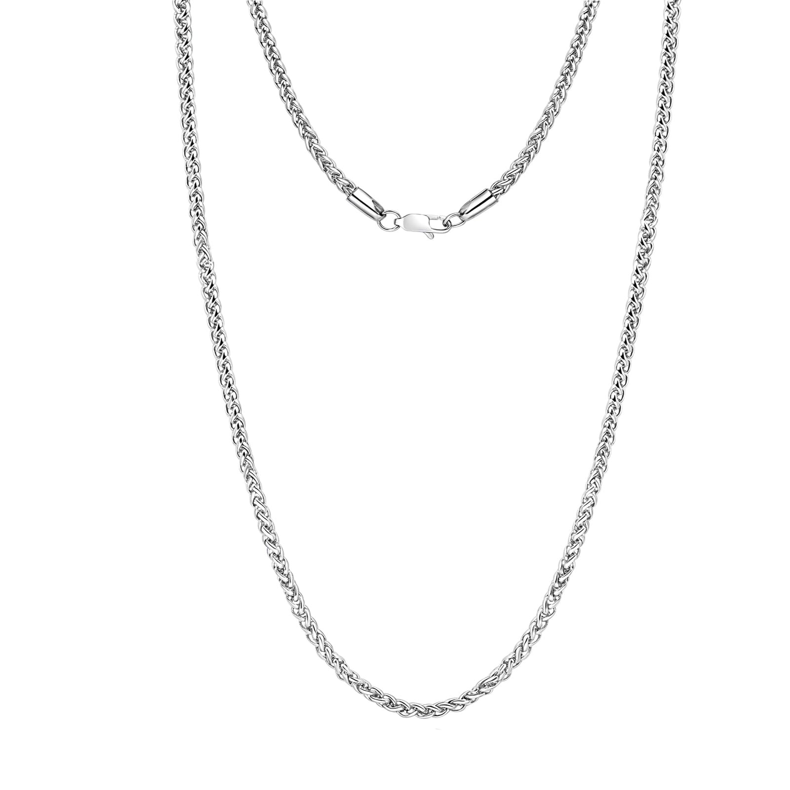 Silver Tone Stainless Steel Wheat Chain Necklace for Men and Women, Simple Je…