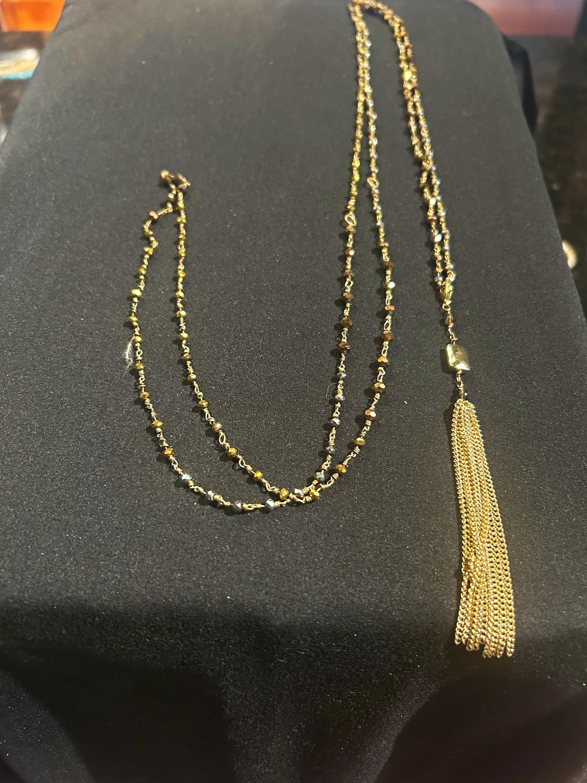 Gold Tone Beaded Chain Necklace Black & Brown Beads Tassel Fringe Pendant