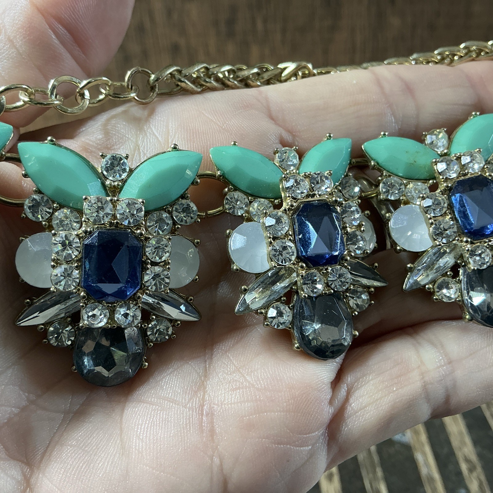 Gold Tone Blingy Statement Collar Necklace Crystal Accents Green Blue Clear