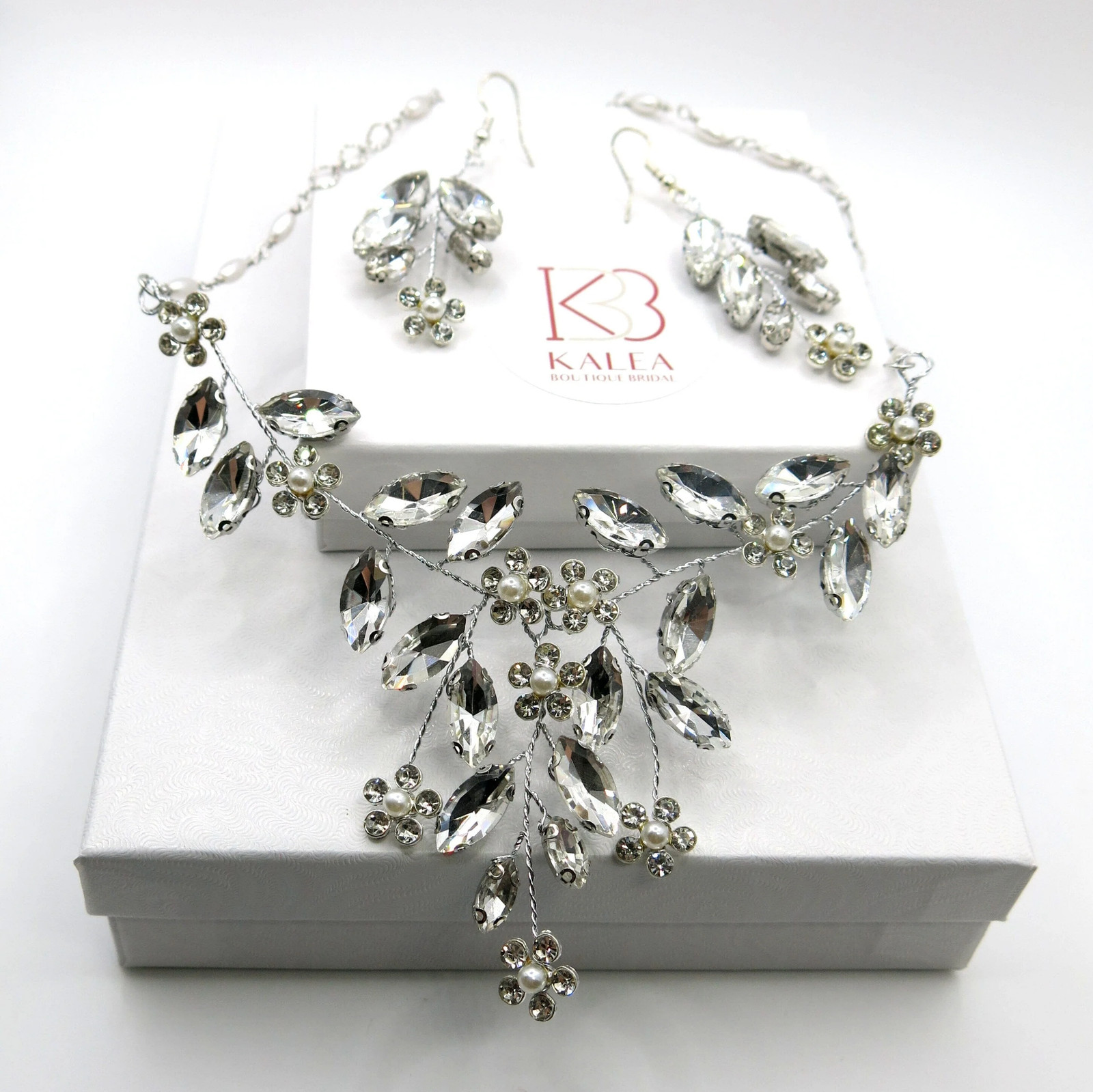 Wedding 3 PC Crystal Wire Jewelry Set, Bridal Floral Gem Necklace and Earrings