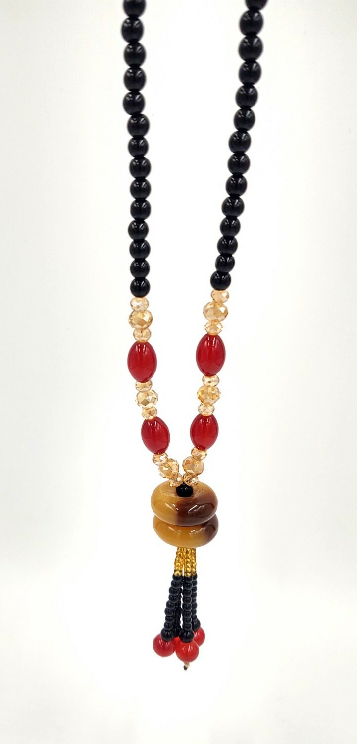 Glass Bead Crystal Stone Tassel Necklace Red Black 17.5″