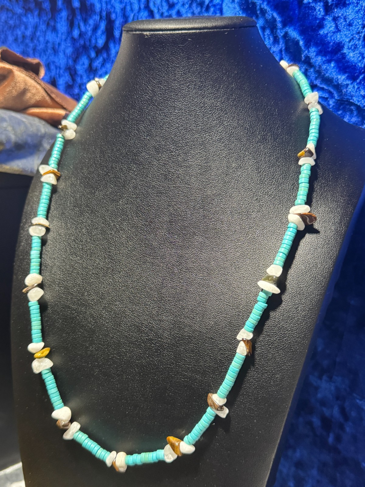 Turquoise & White Jade Natural Gemstone Beach Style Necklace Chain 24.5 + 3.5″