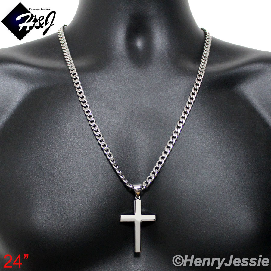 18-40″MEN Stainless Steel 4/5/6/7mm Silver Curb Necklace Plain Cross Pendant*P64
