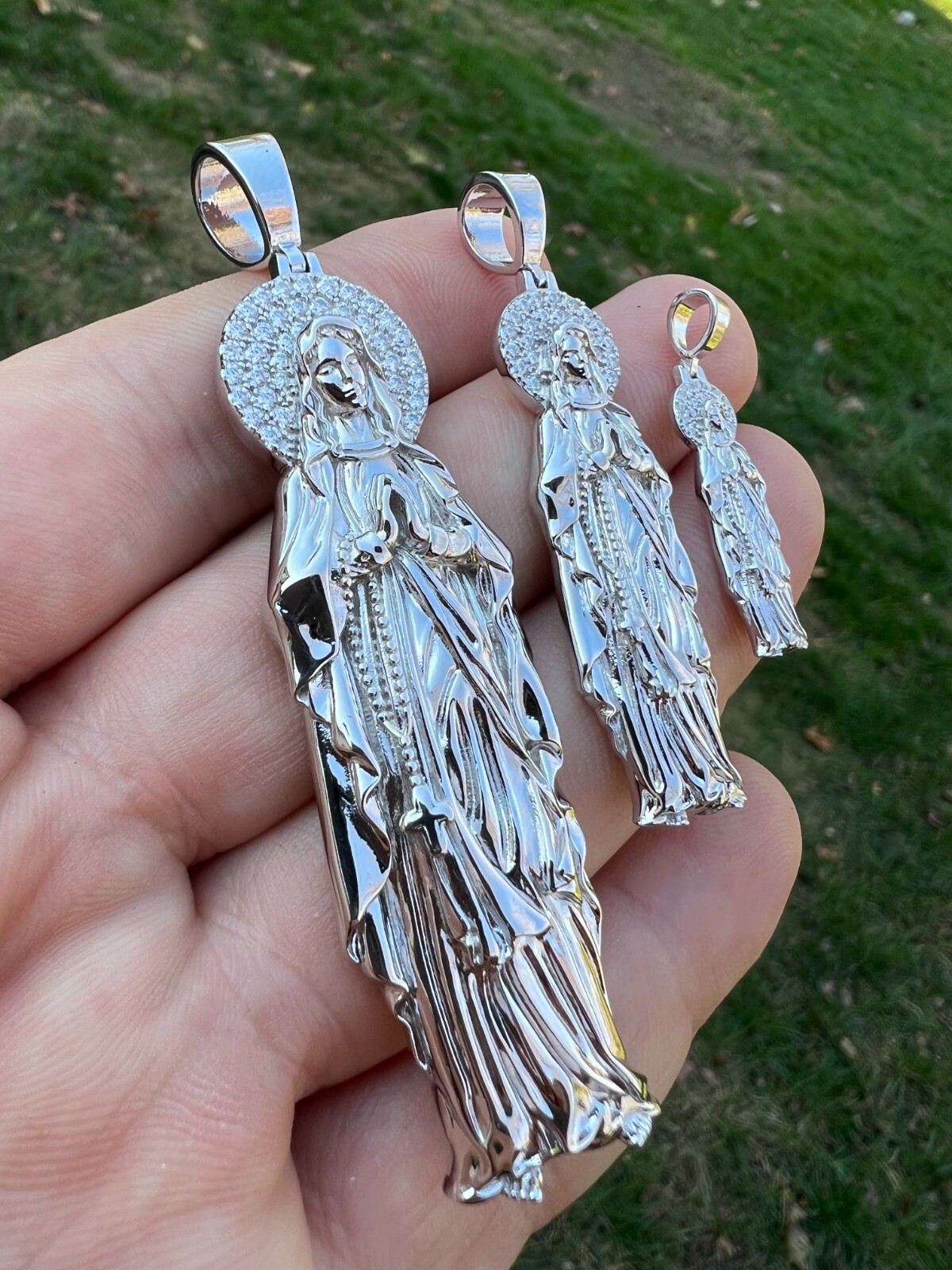 Real MOISSANITE 925 Silver Virgin Mary Guadalupe Pendant Iced Necklace – 3 Sizes