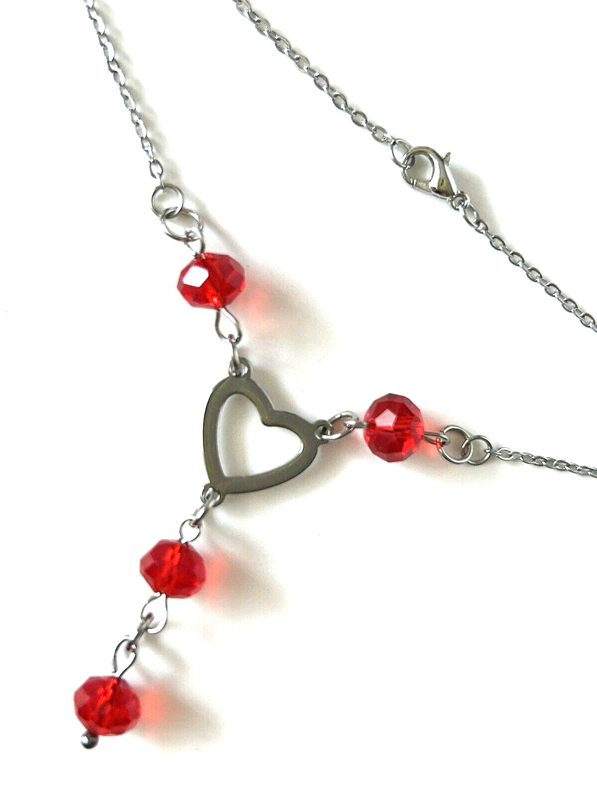 Cherry Red Glass Beaded HEART Y-Drop Necklace Stainless Steel- YOU CHOOSE LENGTH