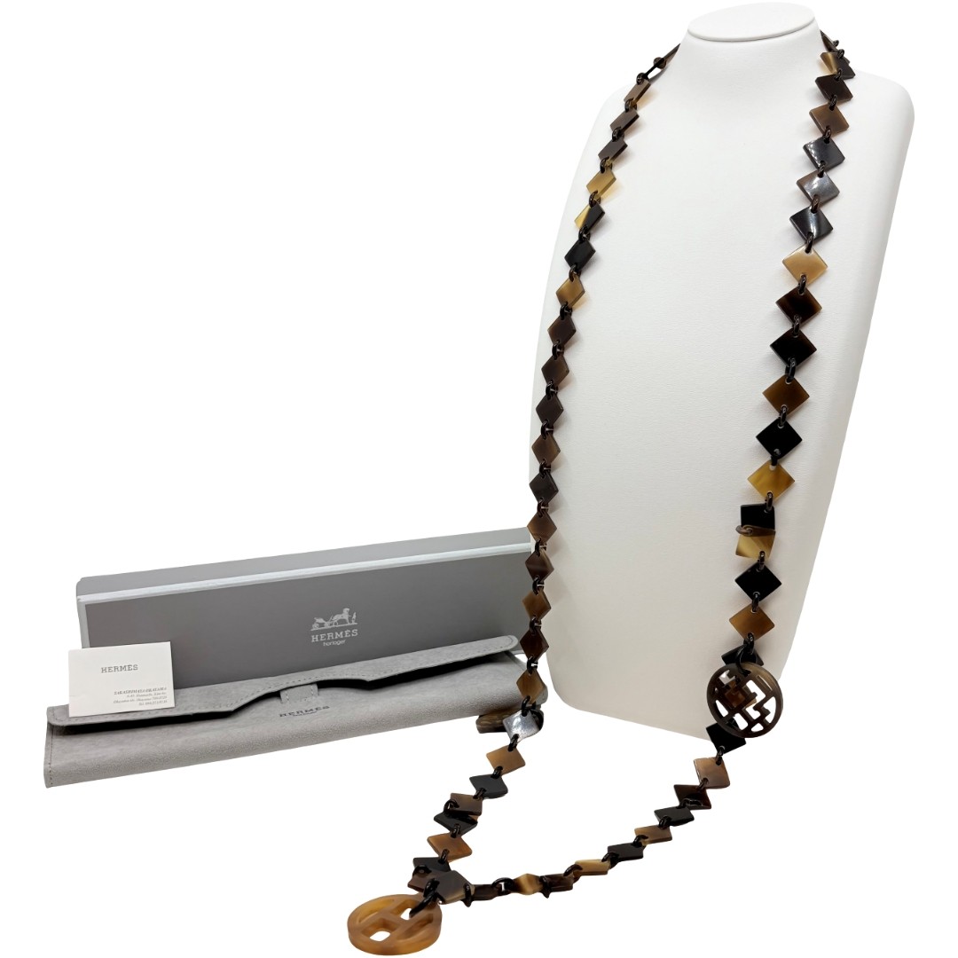 Authentic HERMES H Logo Buffalo Horn Necklace Dark Brown #36638529