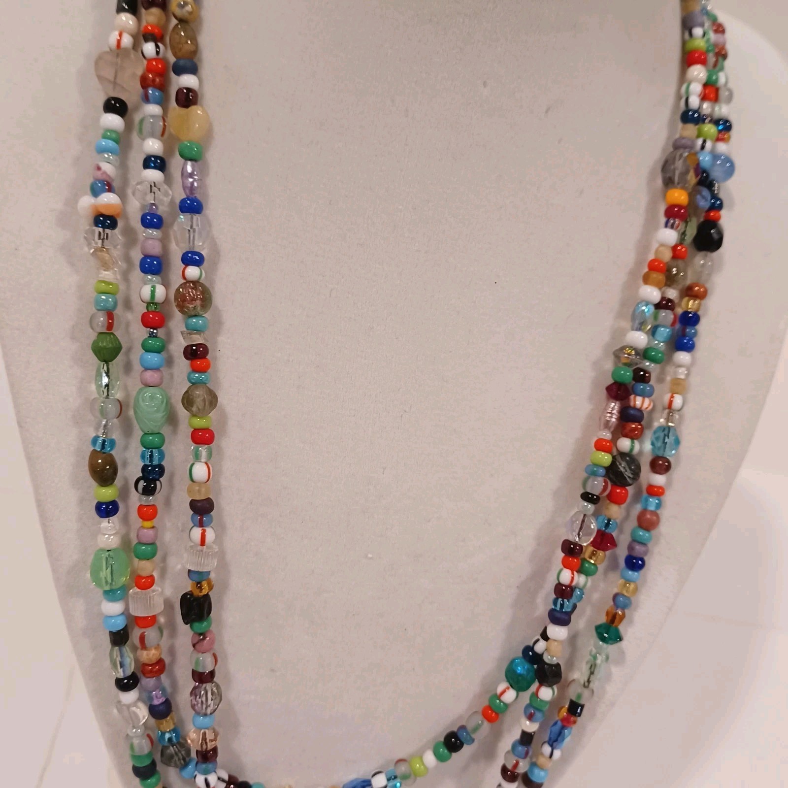 Long Glass Beaded Necklace 34″ Colorful 100s Of Glass Beads Round Hearts Oval