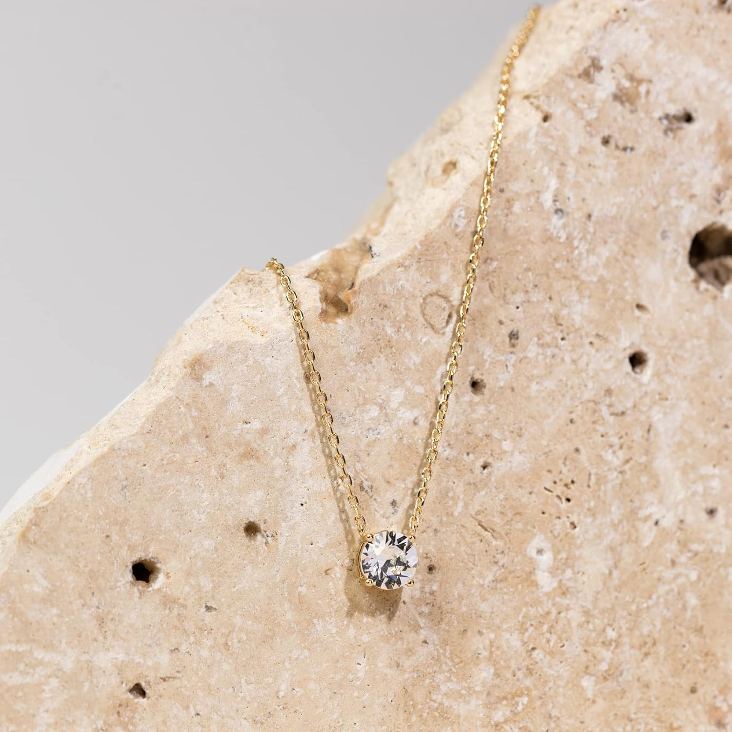 14K Gold Plated Crystal Solitaire 1.5 Carat (7.3Mm) Cubic Zirconia Dainty Choker