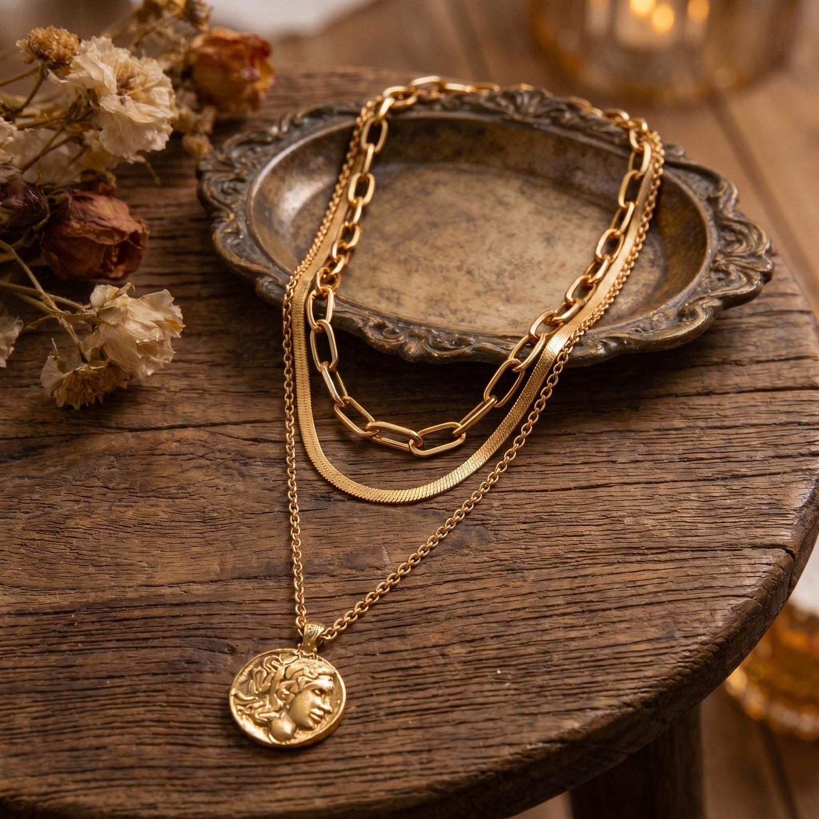 Layered Gold Coin Pendant Necklace Set | Chunky Paperclip Chain Medallion