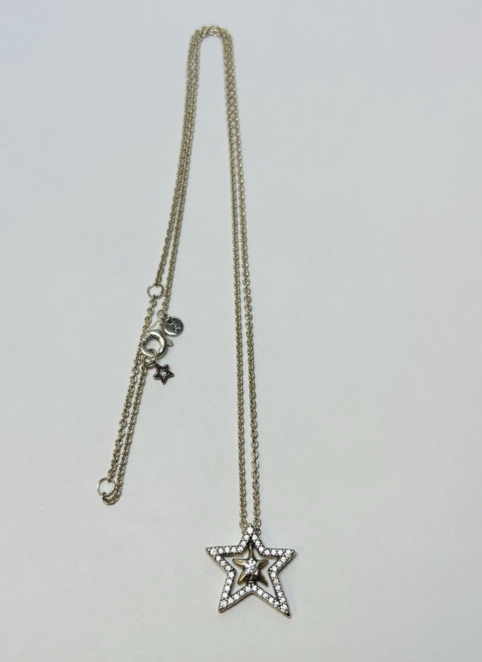 Pandora Sterling 925 Silver Asymmetric Star CZ Necklace 390020C01 15 in -.14