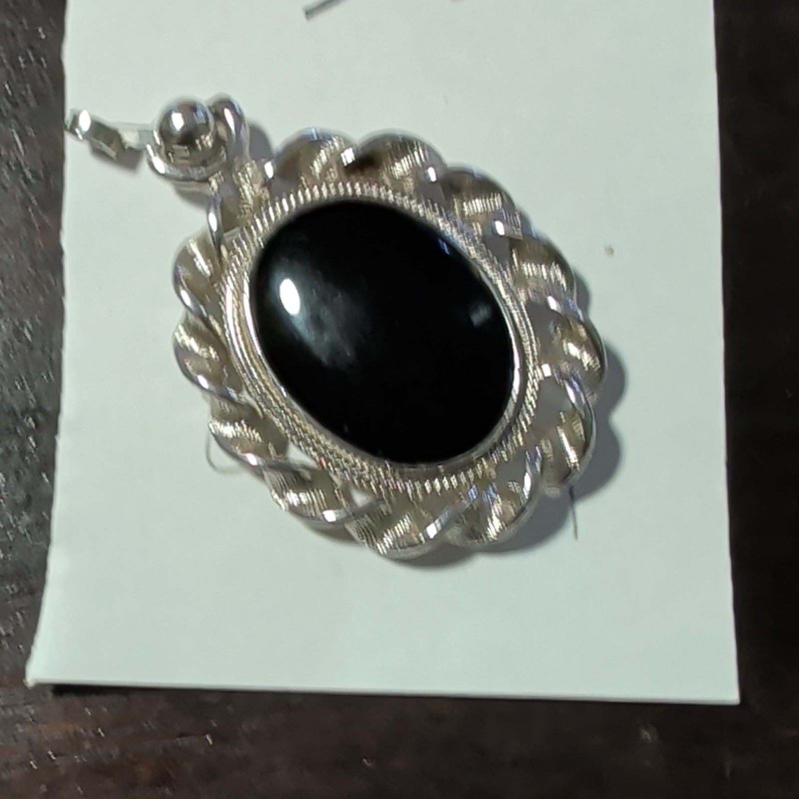 Sterling Silver Signed Oval Black Onyx Bezel-Set Pendant Charm