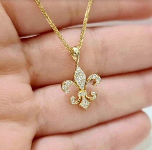 No Chain Round Cut Simulated Diamond Fleur De Lis Pendant 14k Yellow Gold Plated