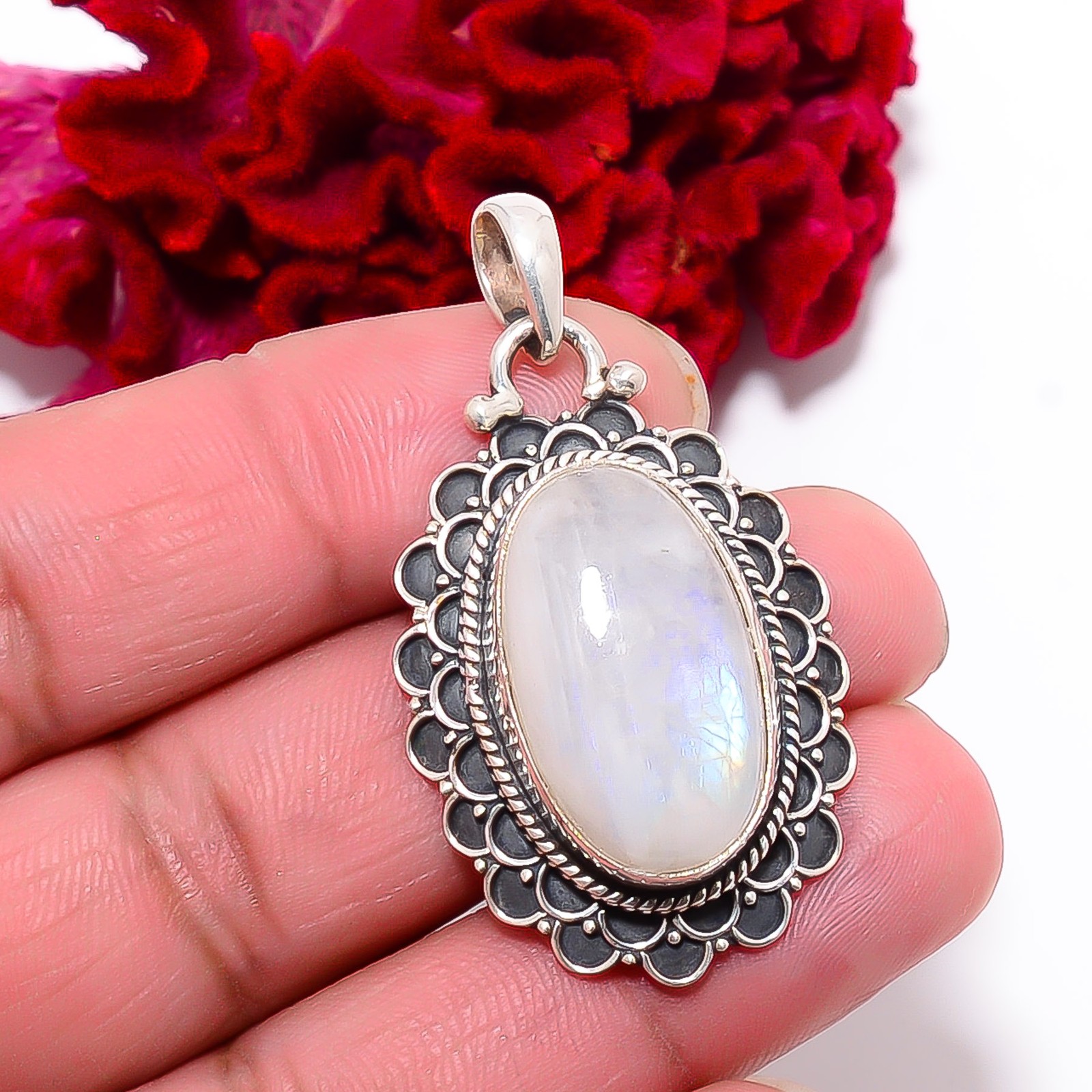 Rainbow Moonstone – India Handmade 925 Sterling Silver Pendant 1.87″ P99927