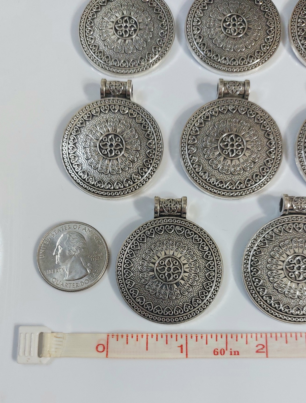 Boho Silver Tone Round Pendant Charms – Set of 8