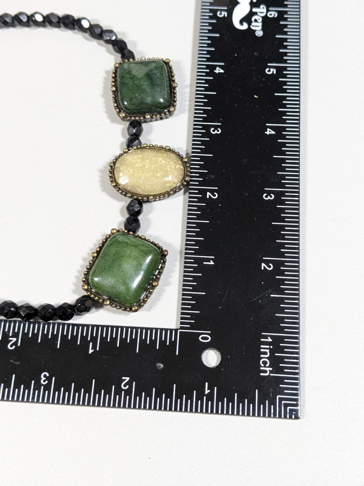 Black Glass Bead green Ivory Color Acrylic Square Oval Cabochon Necklace 16.5 in