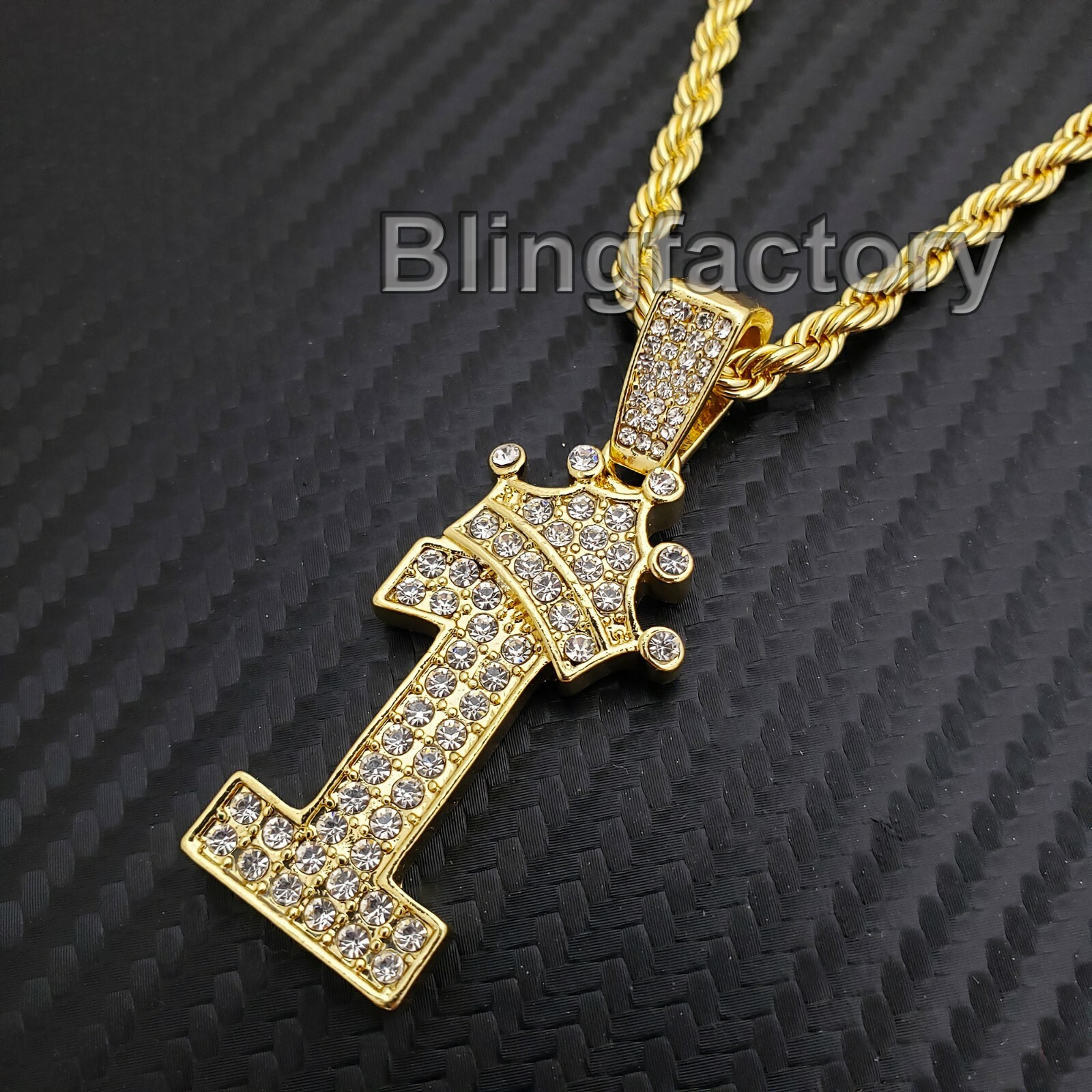 Gold Plated Alloy Iced Cubic Zirconia Crowned Number 1 & 24″ Rope Chain Necklace