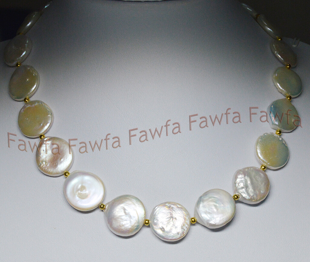 Huge 18-20mm Genuine White Freshwater Cultured Flat Coin Pearl Necklace 18”