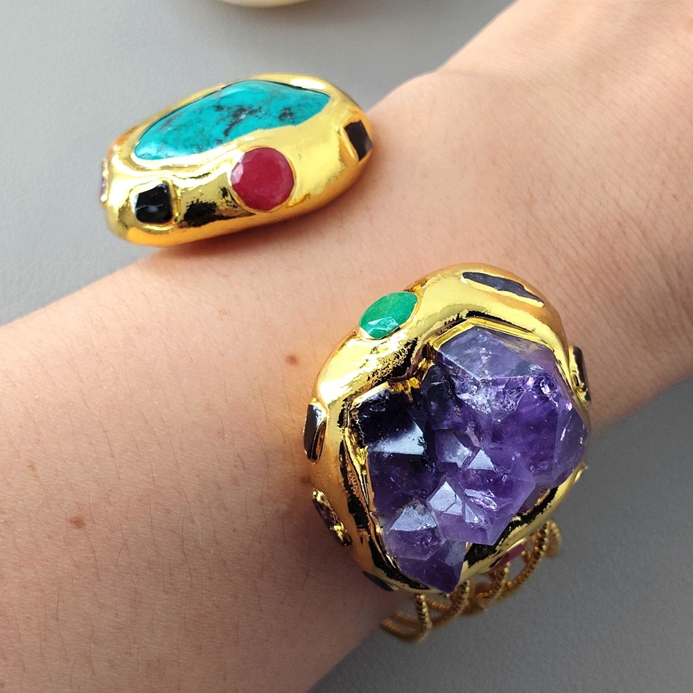 Natural Bohemia Purple Amethyst Raw Druzy Green Turquoise Bangle Cuff Bracelet