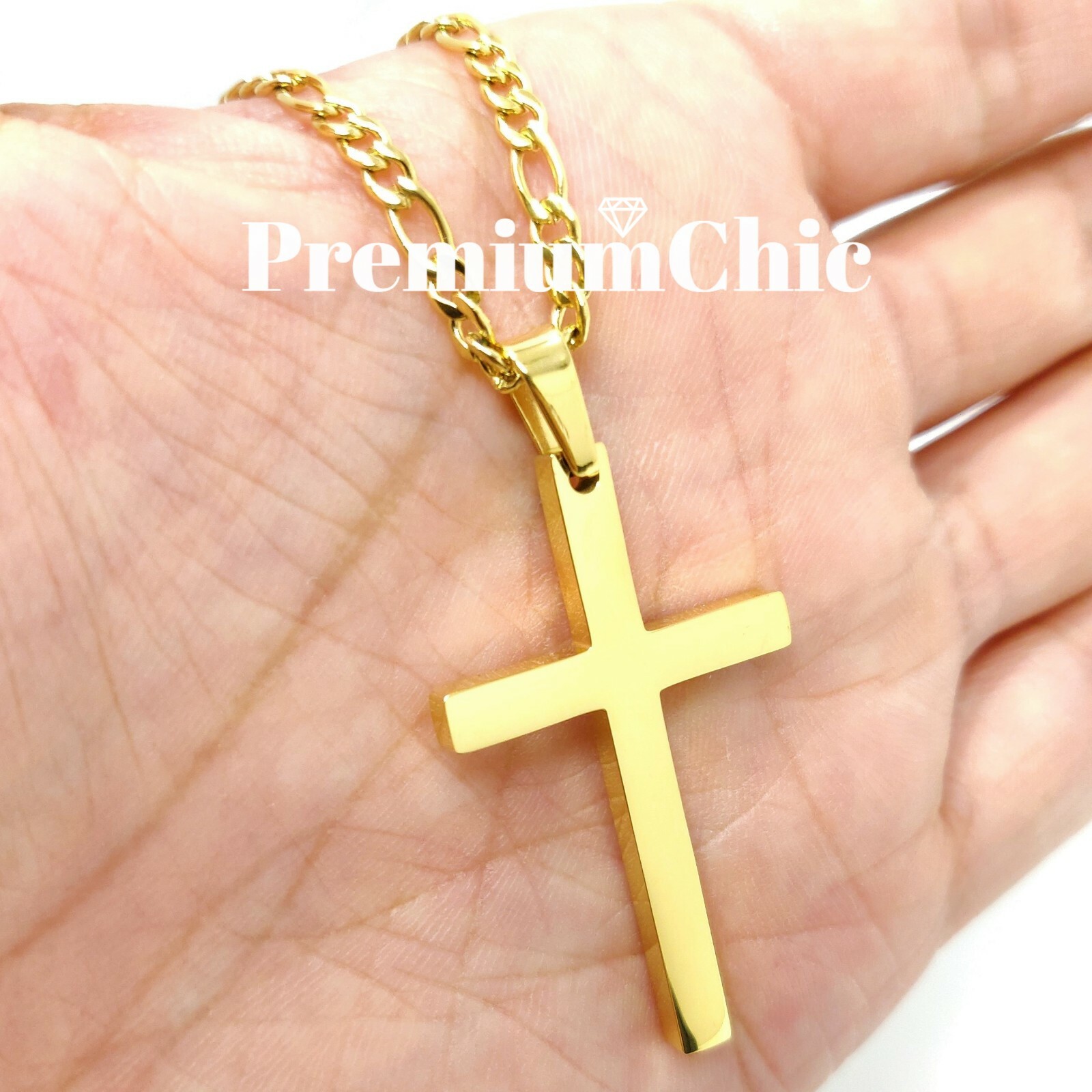 Unisex Stainless Steel Gold Plated Figaro Chain Necklace w Cross Pendant Jewelry