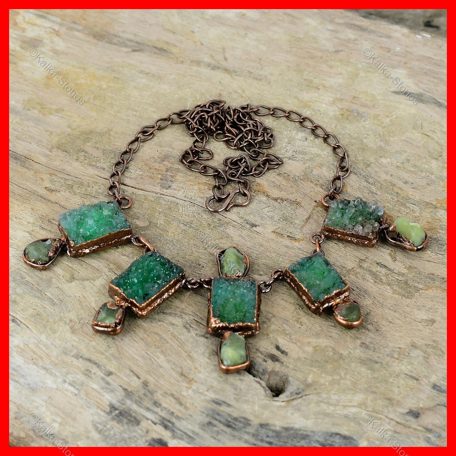 Green Druzy Gemstone Aquamarine Rough Copper Chain Bezel Electroformed Necklace