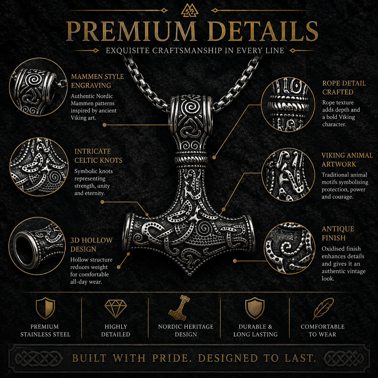 Norse Viking Mjolnir Hammer Pendant Necklace Antique Silver & Gold Celtic Chain