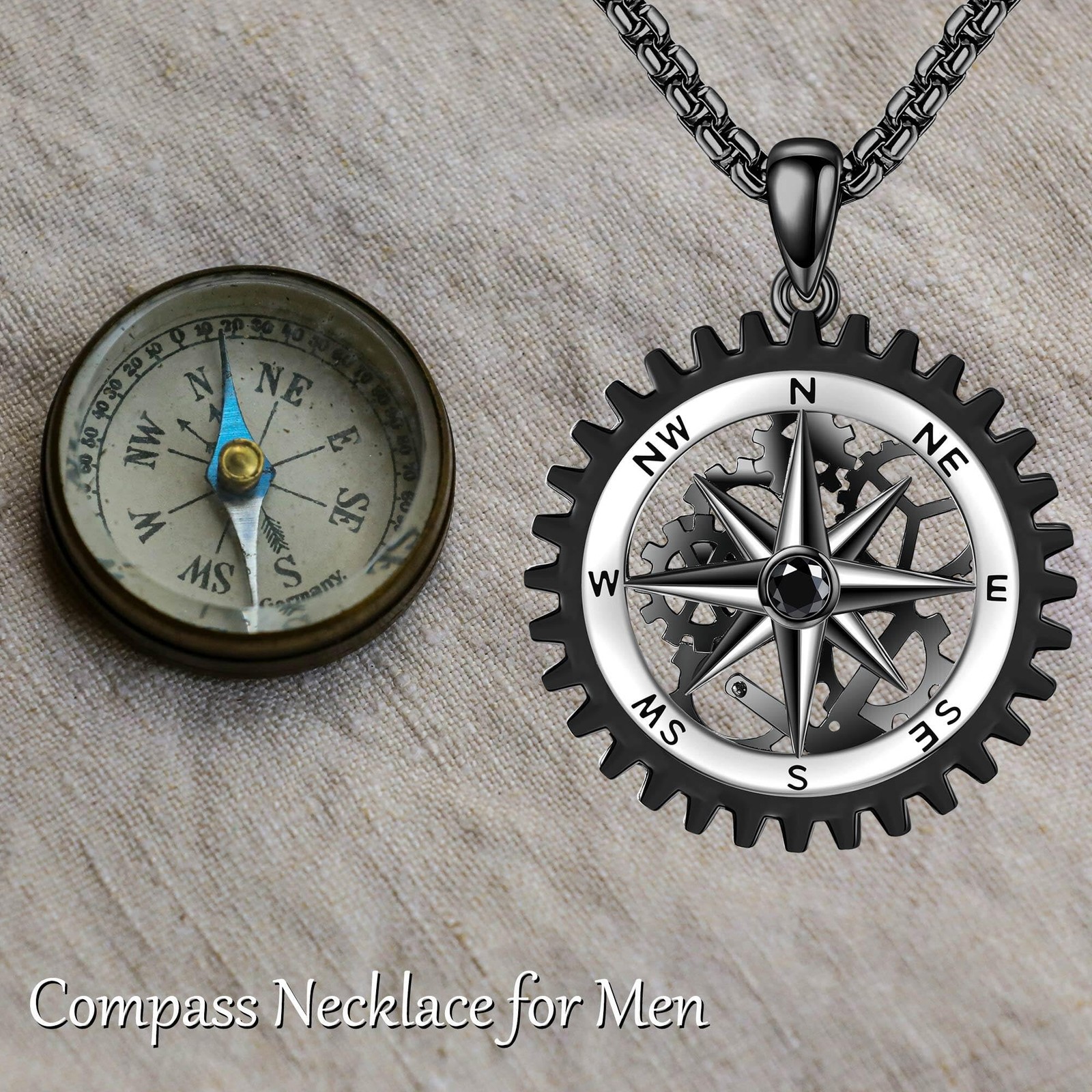Compass Necklace for Men 925 Sterling Silver Black Compass Pendant for Men Co…