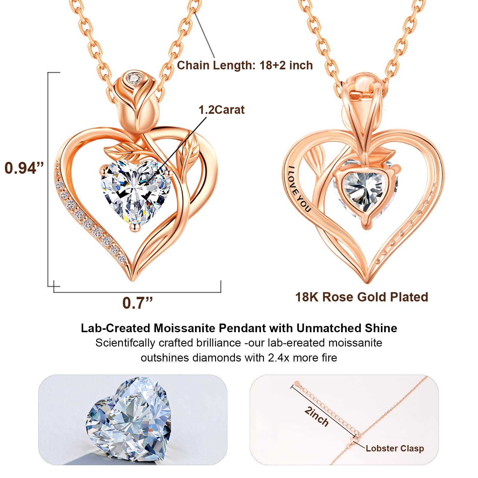 1.2CT Rose Heart Necklace Option of Moissanite or Lab-Grown Medium, Silver