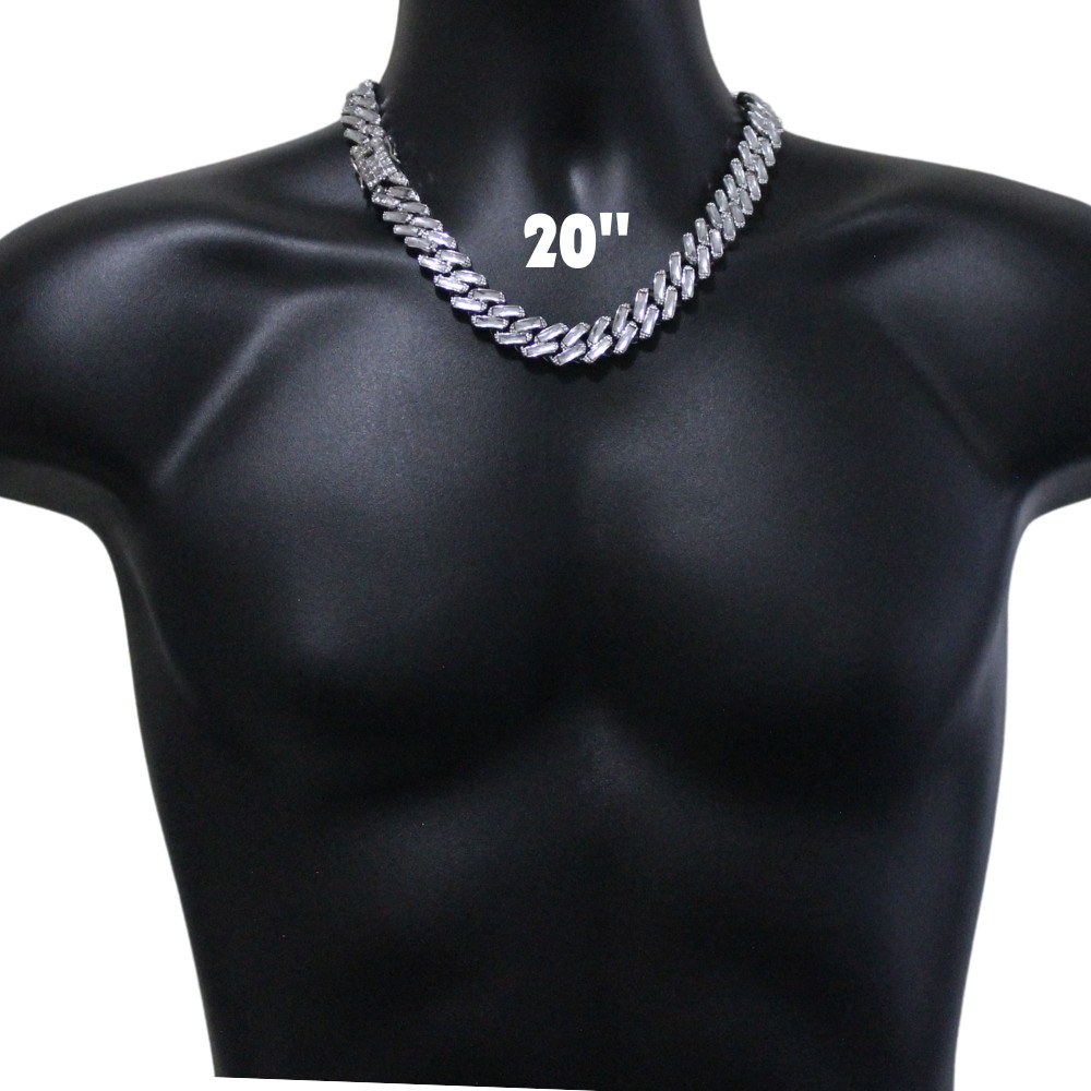 Mens 16mm Iced Baguette CZ Chain Square Cuban Curb Link Silver Plated Necklace
