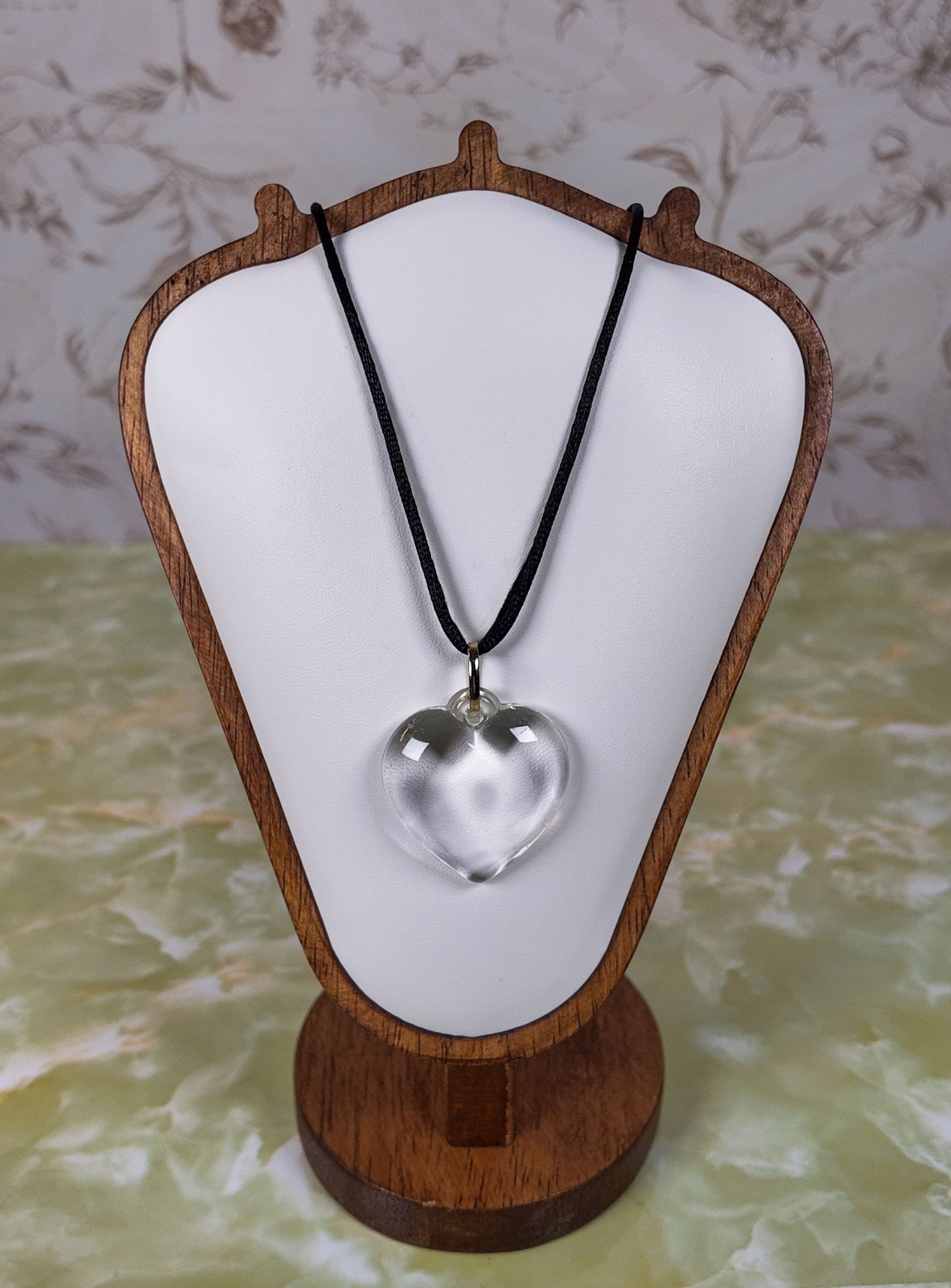 Clear Glass Heart Pendant Necklace, Silver Tone Bail, Black Cord