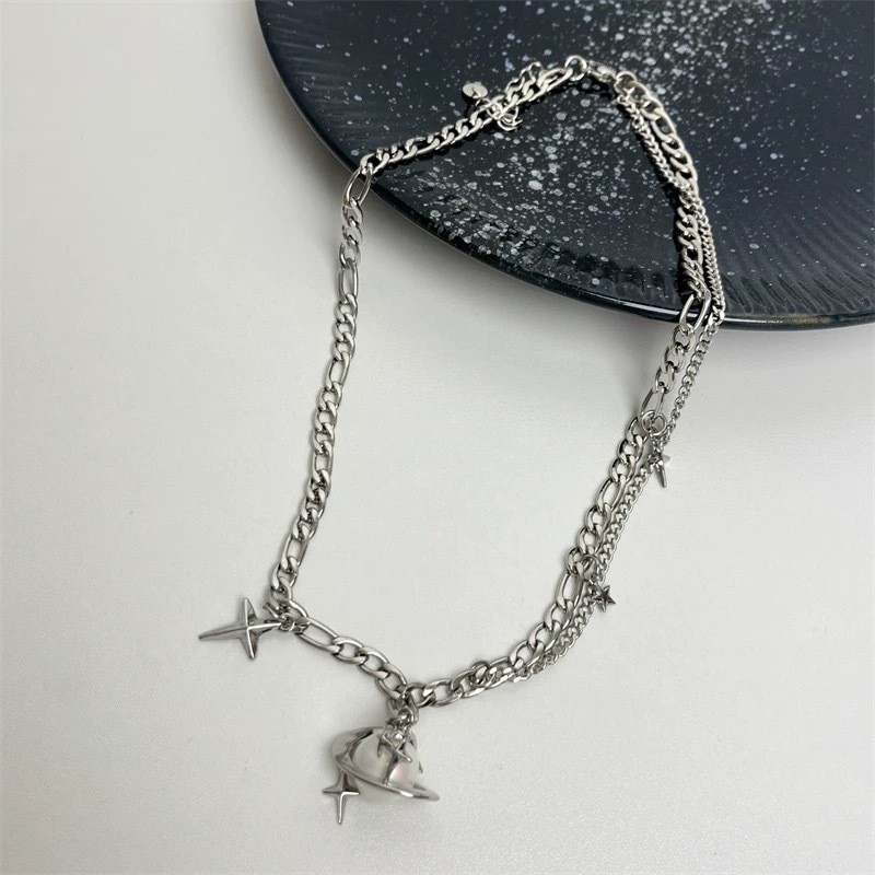 Silver Stainless Two Layer Planet Star Necklace Saturn Minimal Men Stack Jewelry