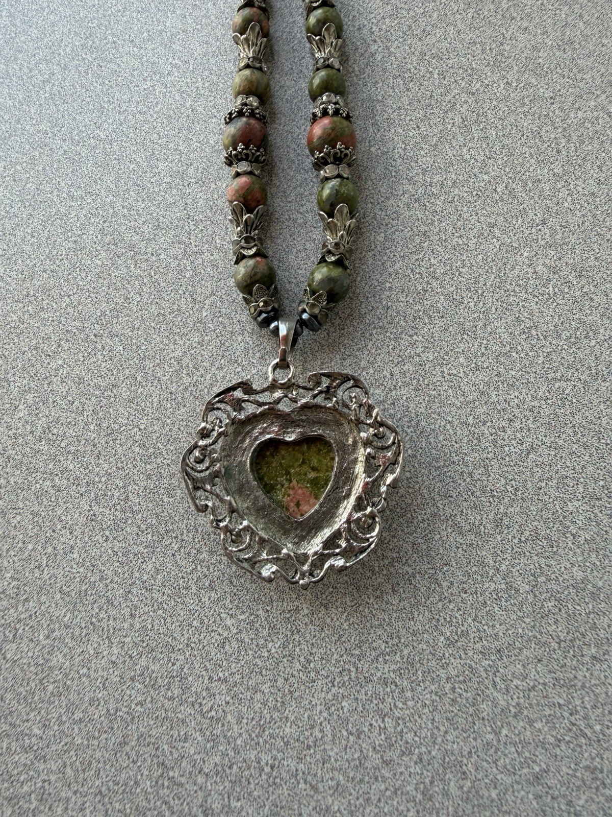 Unakite Heart Pendant Necklace Hematite Beads Boho Statement Silver Tone 18-20”
