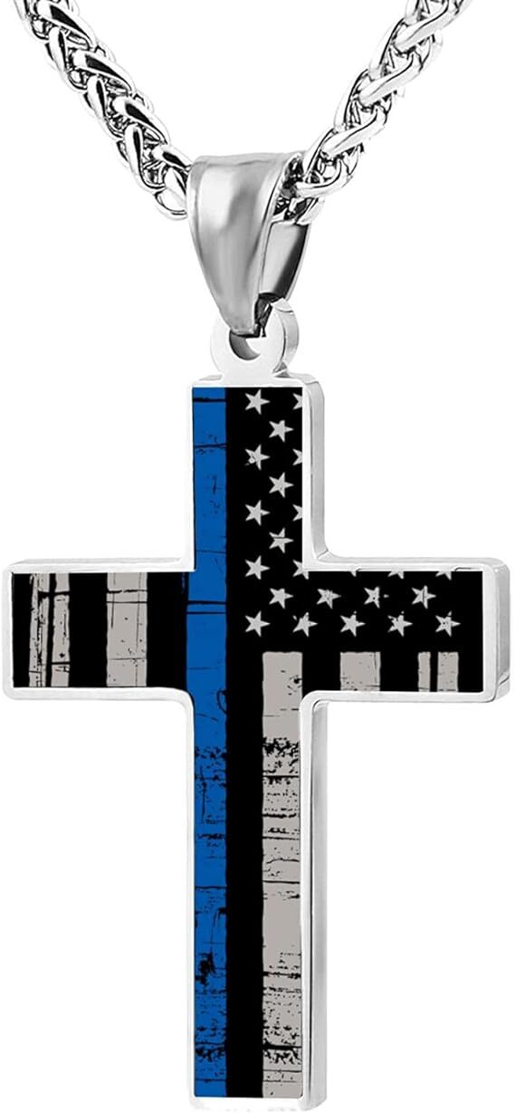 American Flag Patriotic Cross Pendant Necklace Christian Religious Men&women