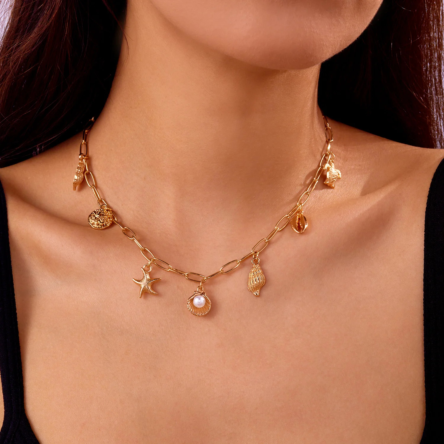Fashion Gold Color Starfish Conch Turtle Pendant Necklace for Women Handmade She