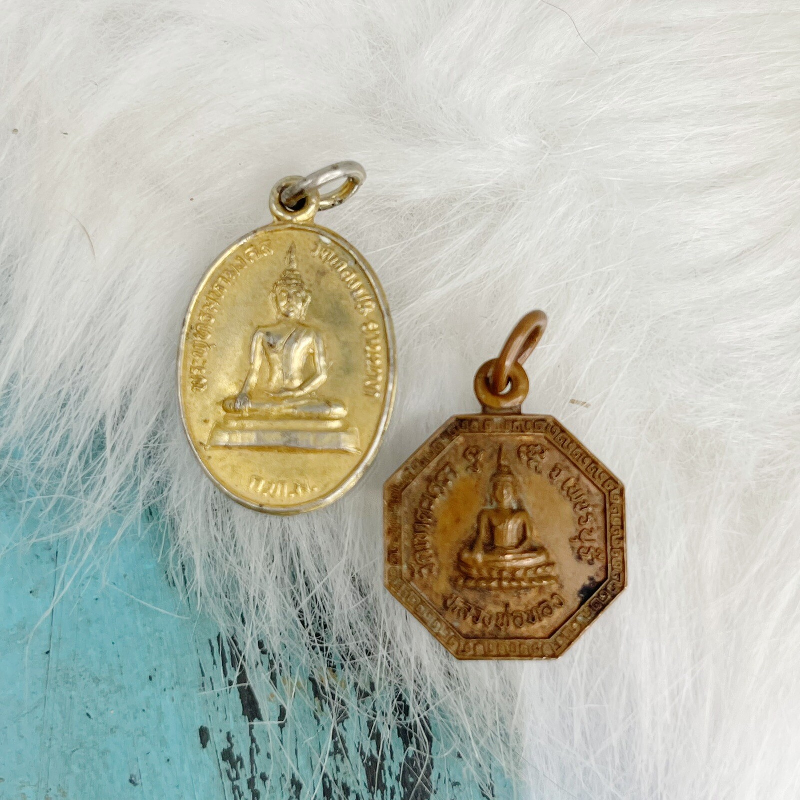 Vintage Lot of 2 Buddha Medals Pendants Gold Plate Copper HEALTH HAPPY LUCKY