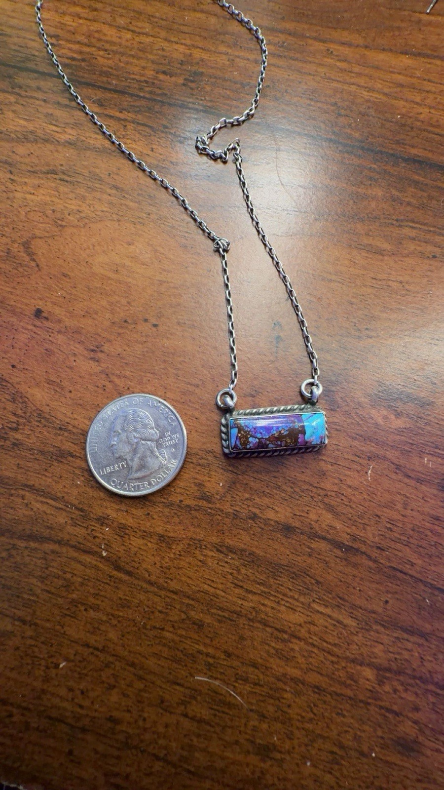 Kingman turquoise, purple mojave and brass bar necklace- sterling silver stamped
