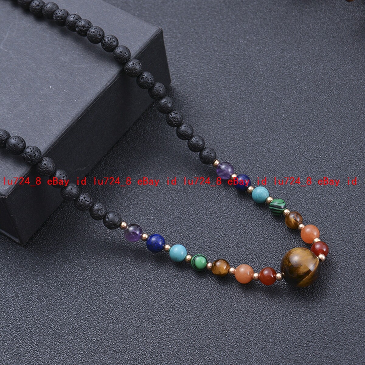 6mm Round Black Lava Rock Gems Braid Rope Adjustable Tigers Eye Pendant Necklace