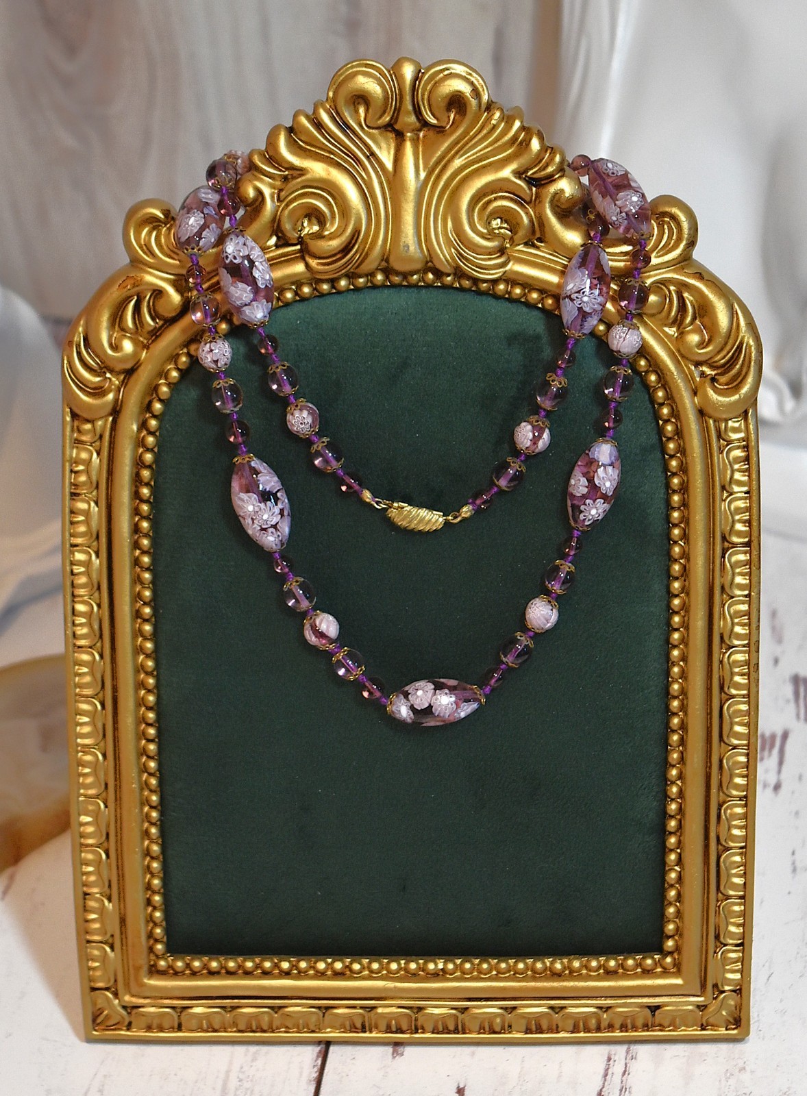 Vtg Venetian Murano Lavender Millefiori Glass Beaded Hand Knotted Necklace