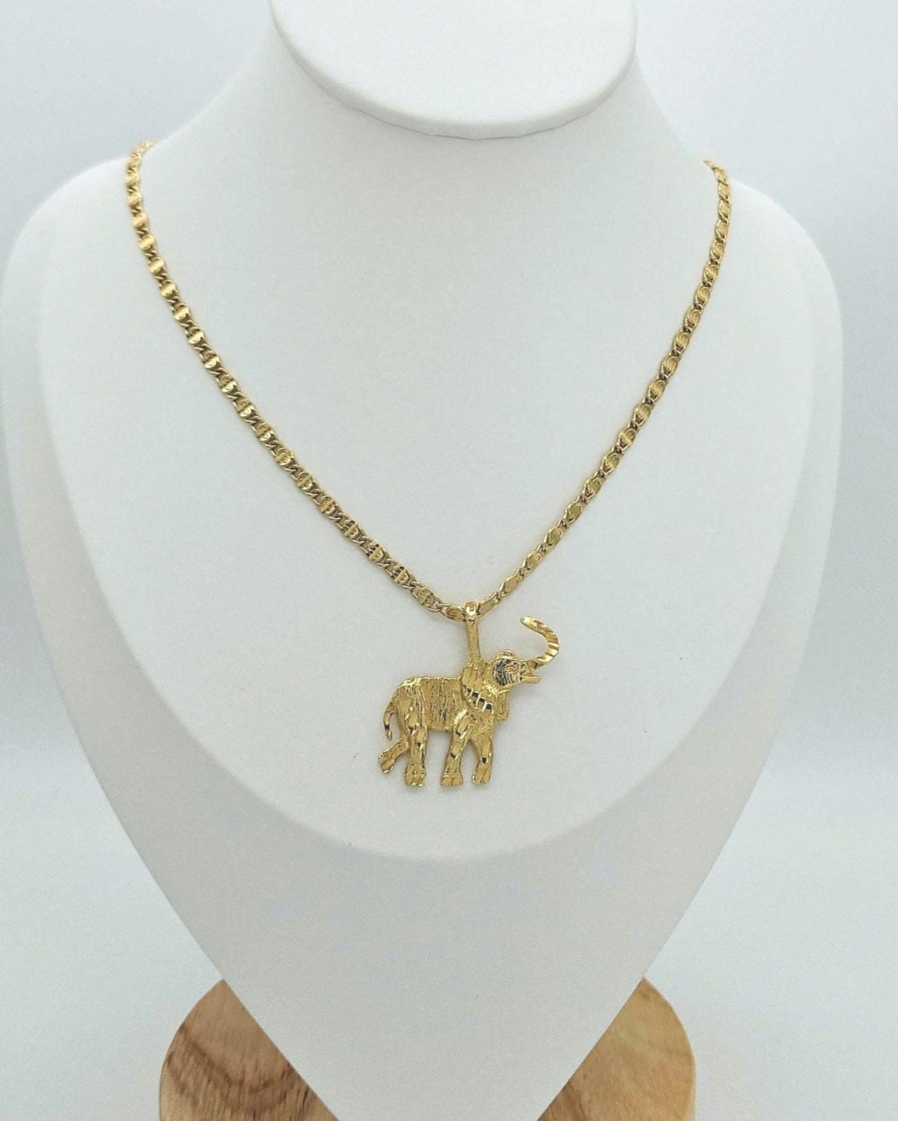 Gold Elephant Necklace, Medium Elephant Pendant, 3mm Scroll Chain, 14K Plated