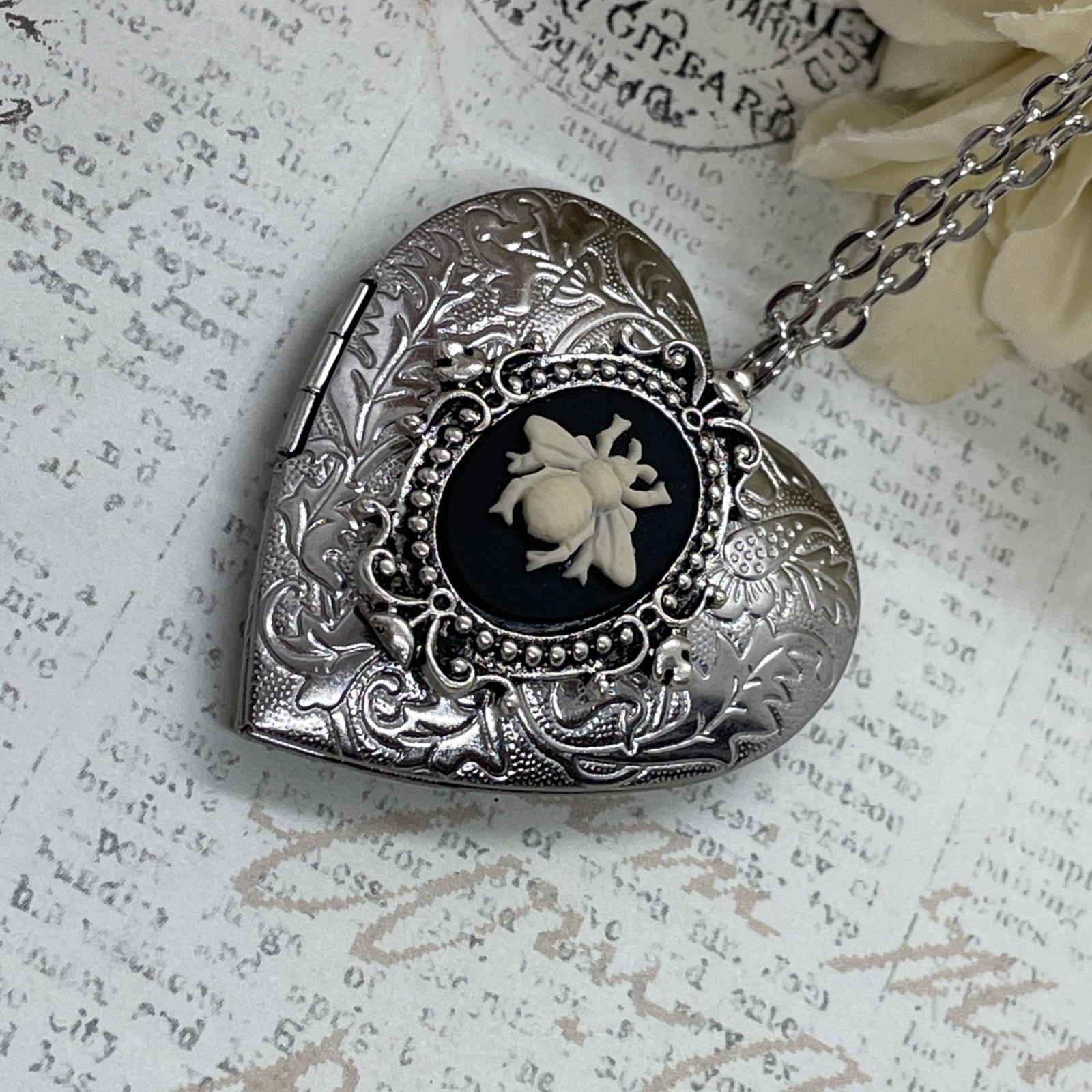 Heart Silver Locket Bee Honey Bumble Cameo Necklace Photo Bride bridal wedding