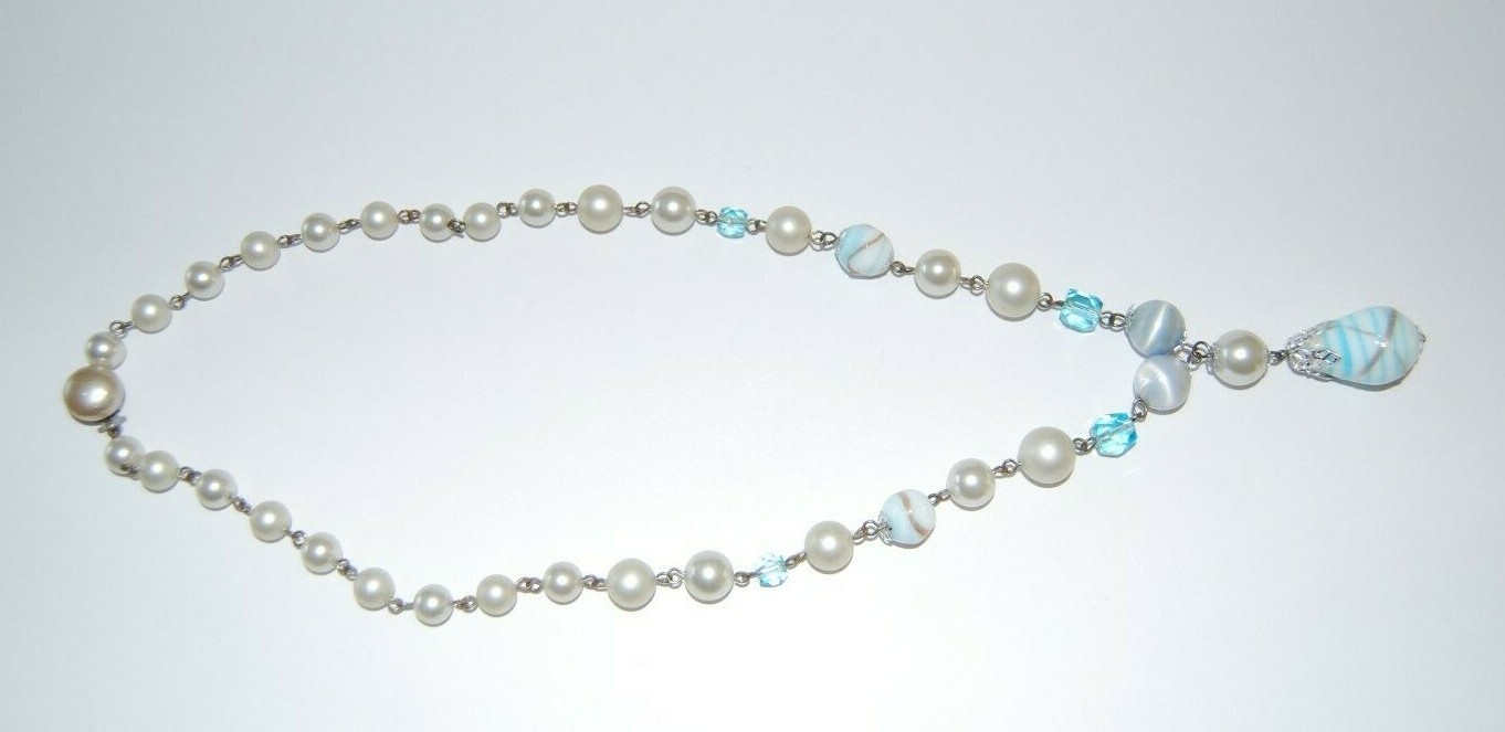 Vtg MCM Japan Light Blue Acrylic Beads And Venetian Style Glass Beads Necklace
