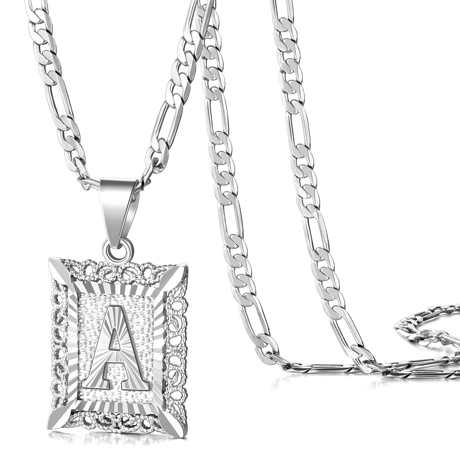 KissYan Initial Letter Pendant Necklace 14K Gold Plated Figaro Chain