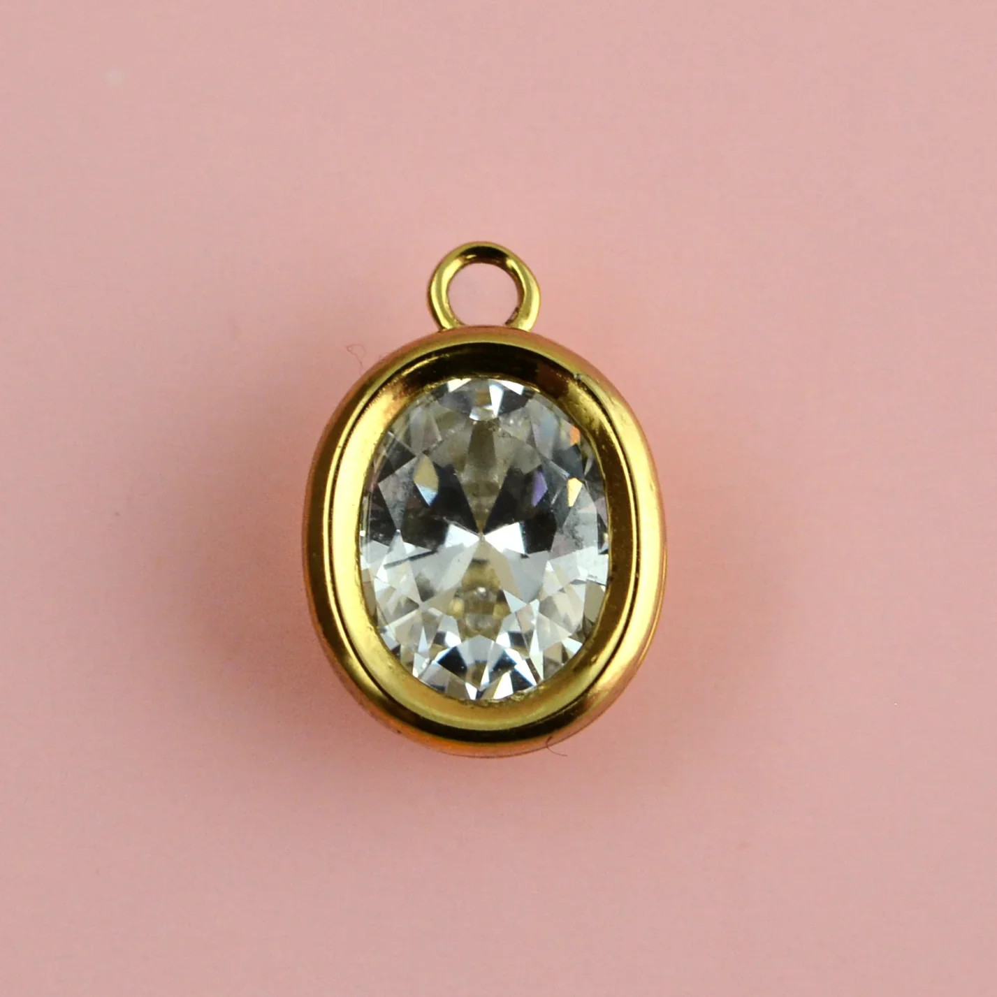 17″ Gold Stainless Steel Tennis Chain Necklace Oval CZ Charm Rhinestone Sparkle