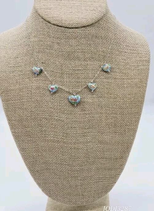 5 Heart Necklace Sterling Silver 925 Enamel Pastel Colors Beautiful 15 in