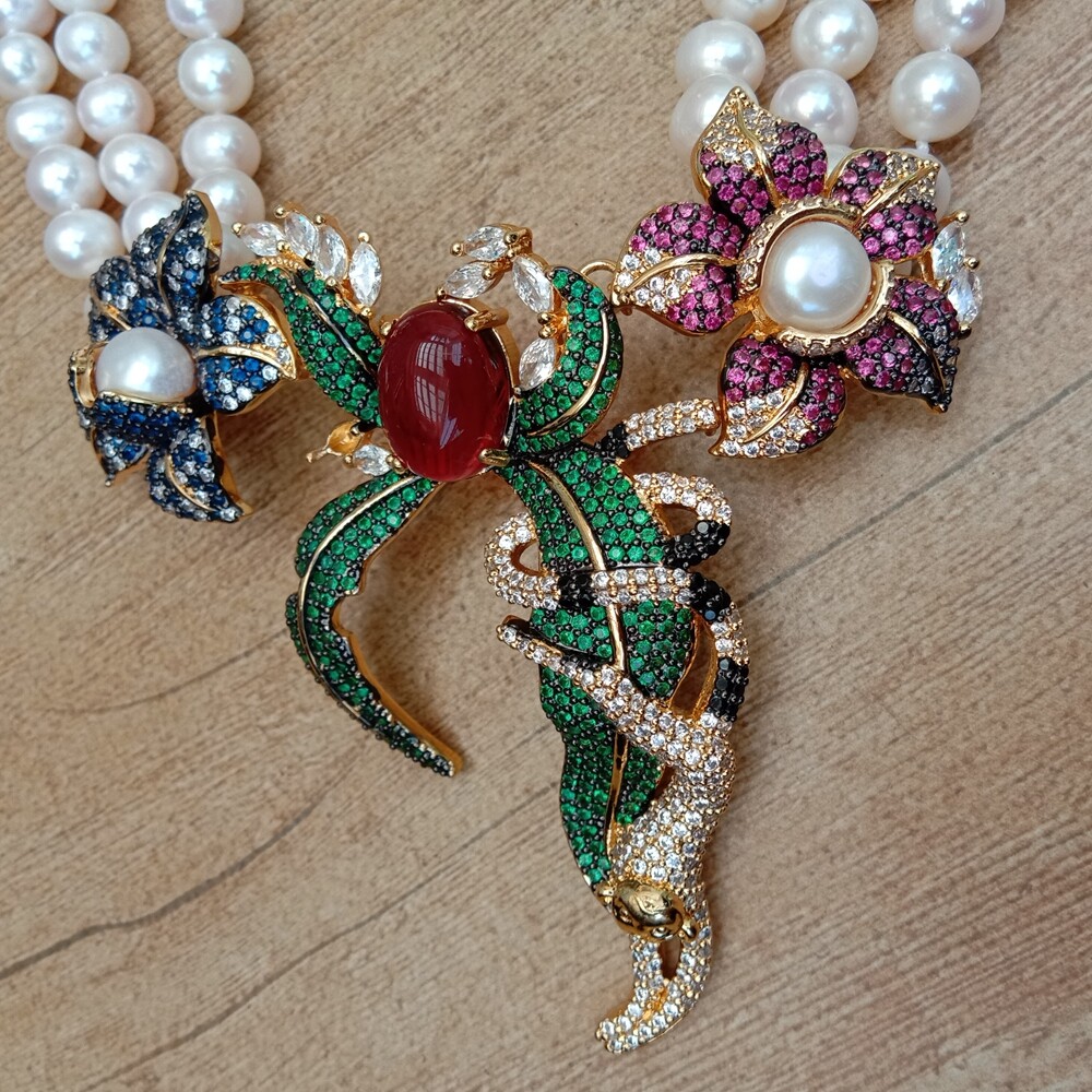 3 Strands Cultured White Pearl Cubic Zirconia Pave Pendant Statement Necklace